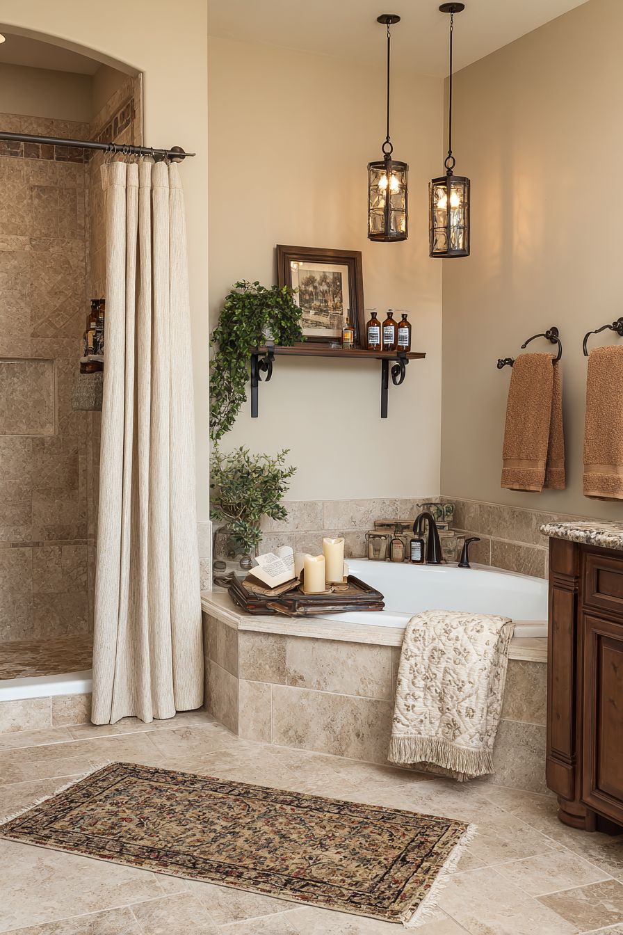 Corner Tub Sanctuary with Quilted Bath Caddy
