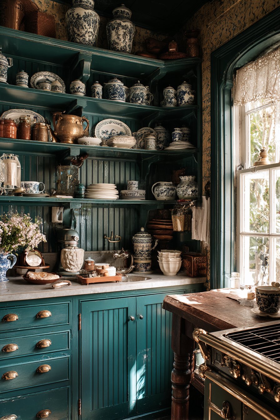 Cottage Charm with Dark Teal-Green Painted Cabinets