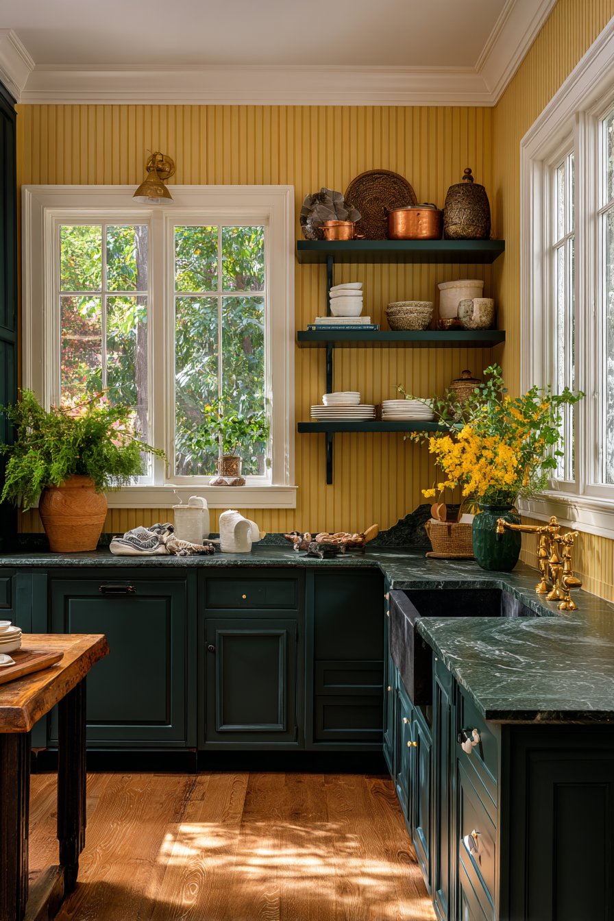 Cottage Charm with Dark Teal-Green Painted Cabinets