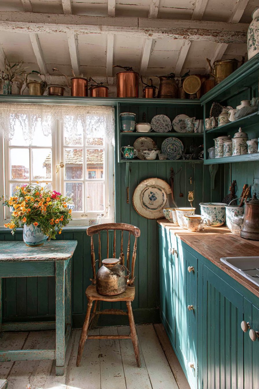 Cottage Charm with Dark Teal-Green Painted Cabinets