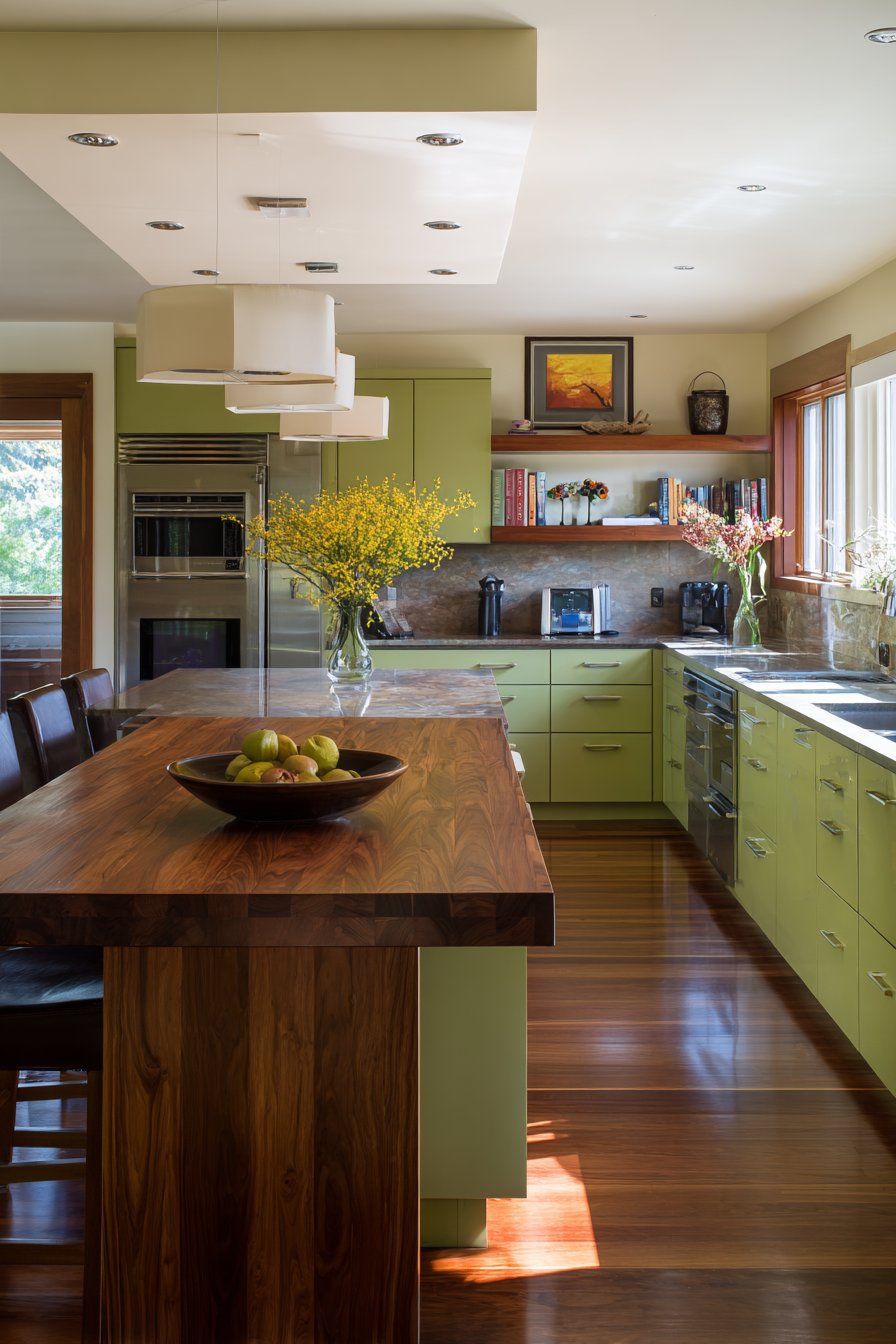 Contemporary Eucalyptus Green with Teak Minimalism