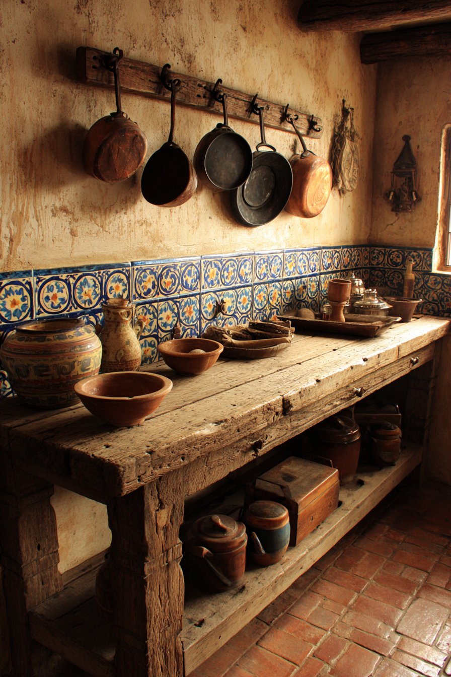 Hand-Carved Prep Table Workspace with Copper Display