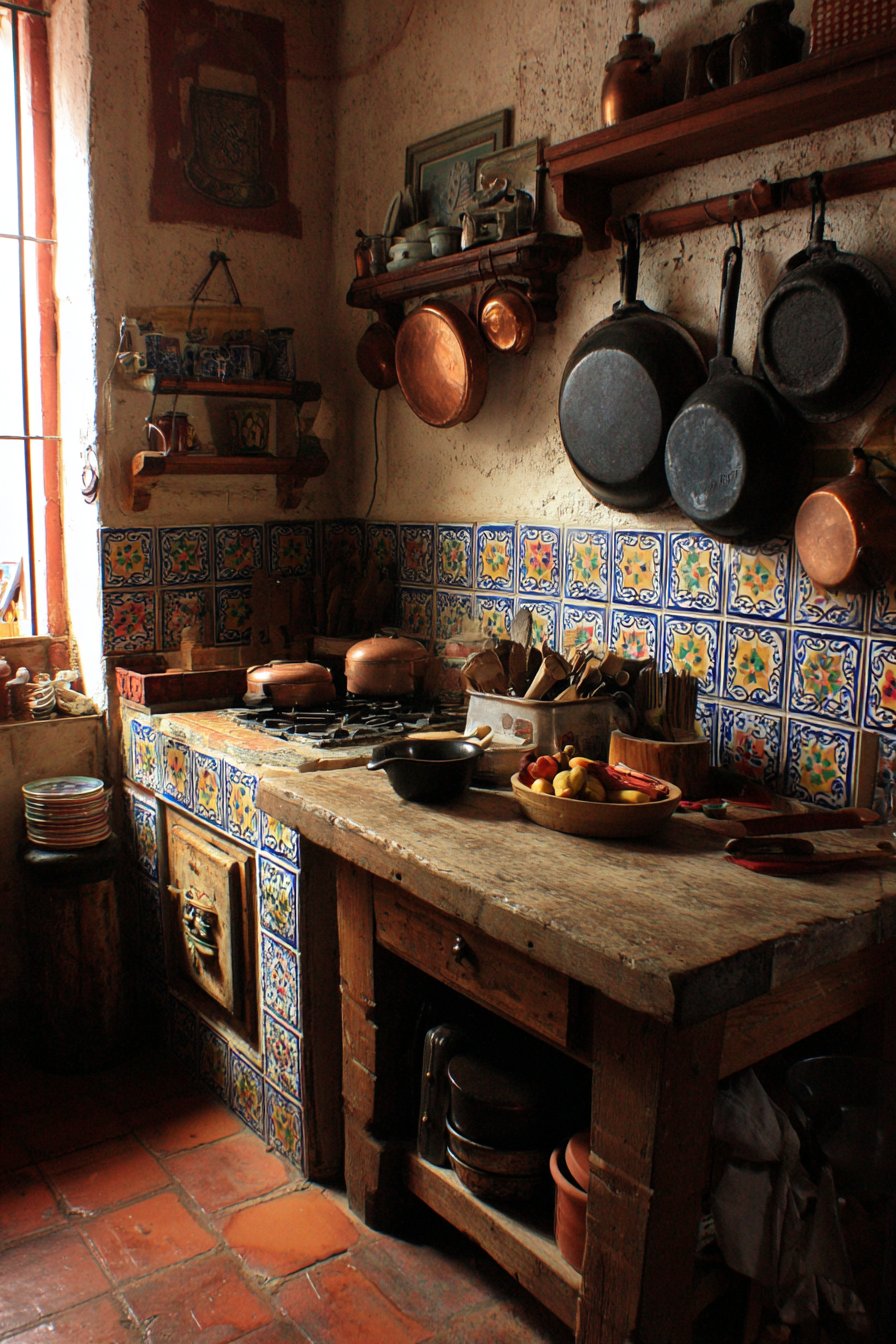 Hand-Carved Prep Table Workspace with Copper Display
