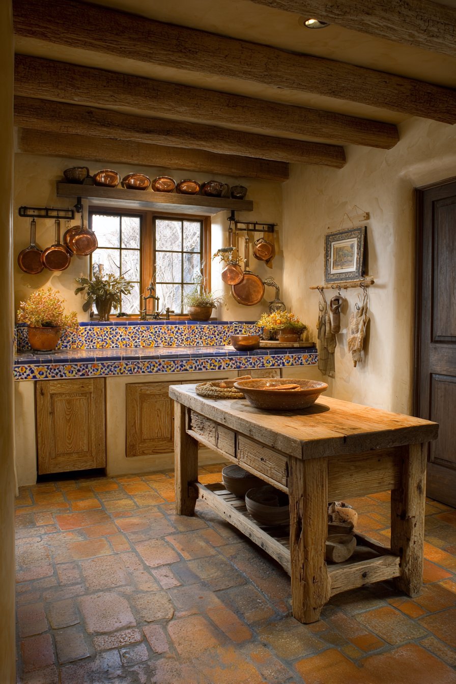 Hand-Carved Prep Table Workspace with Copper Display