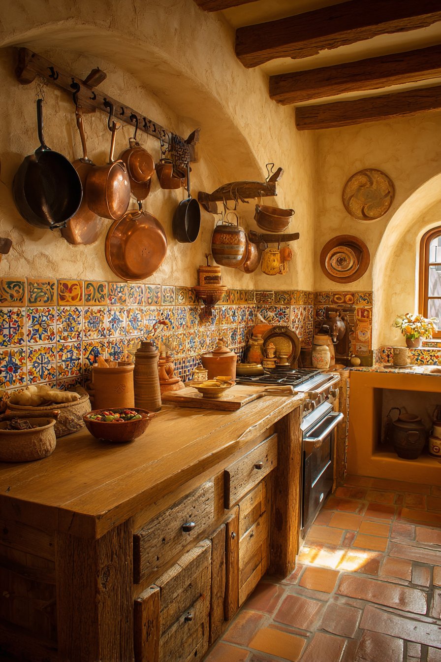 Hand-Carved Prep Table Workspace with Copper Display