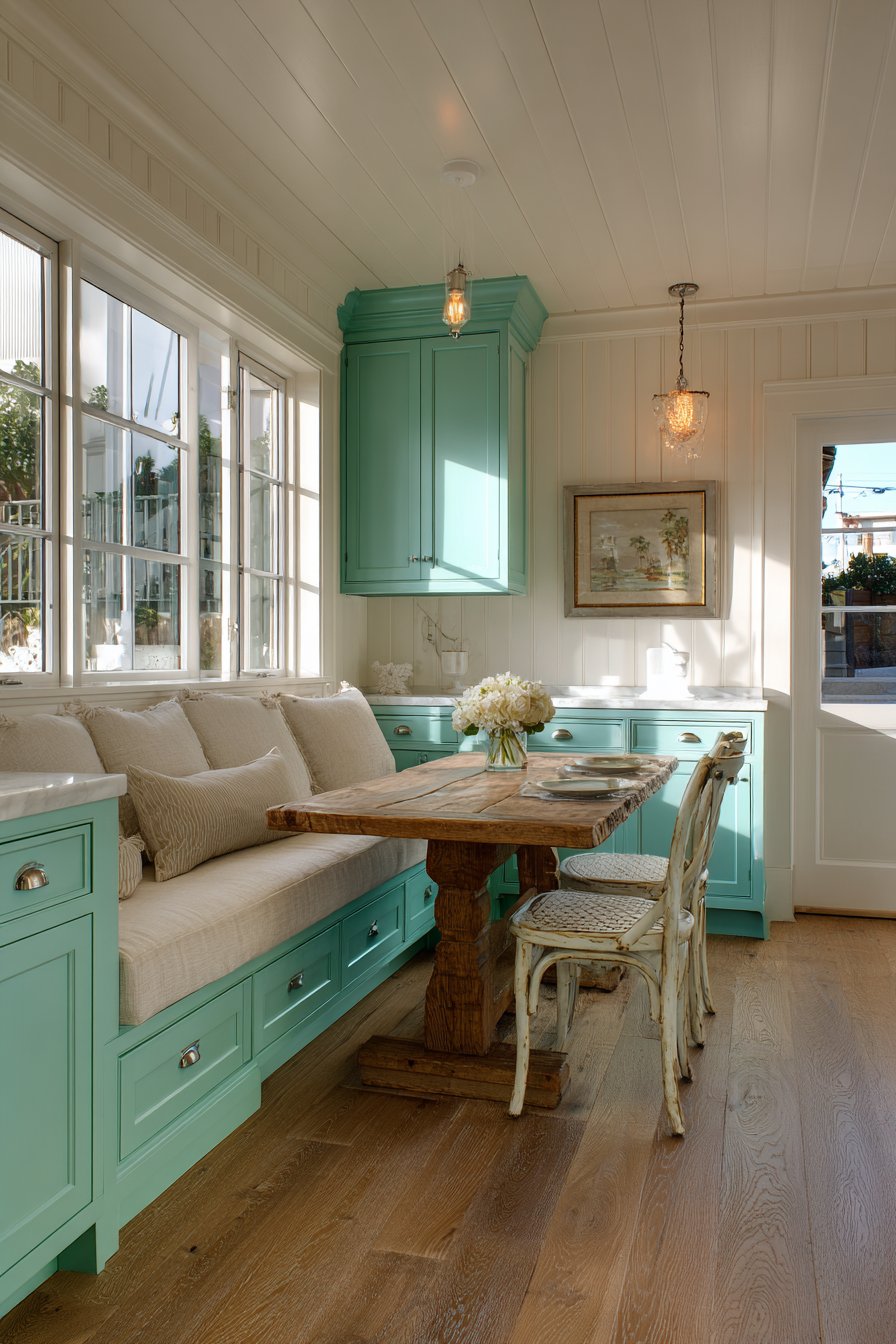  Cozy Mint Green Kitchen Dining Area with Banquette