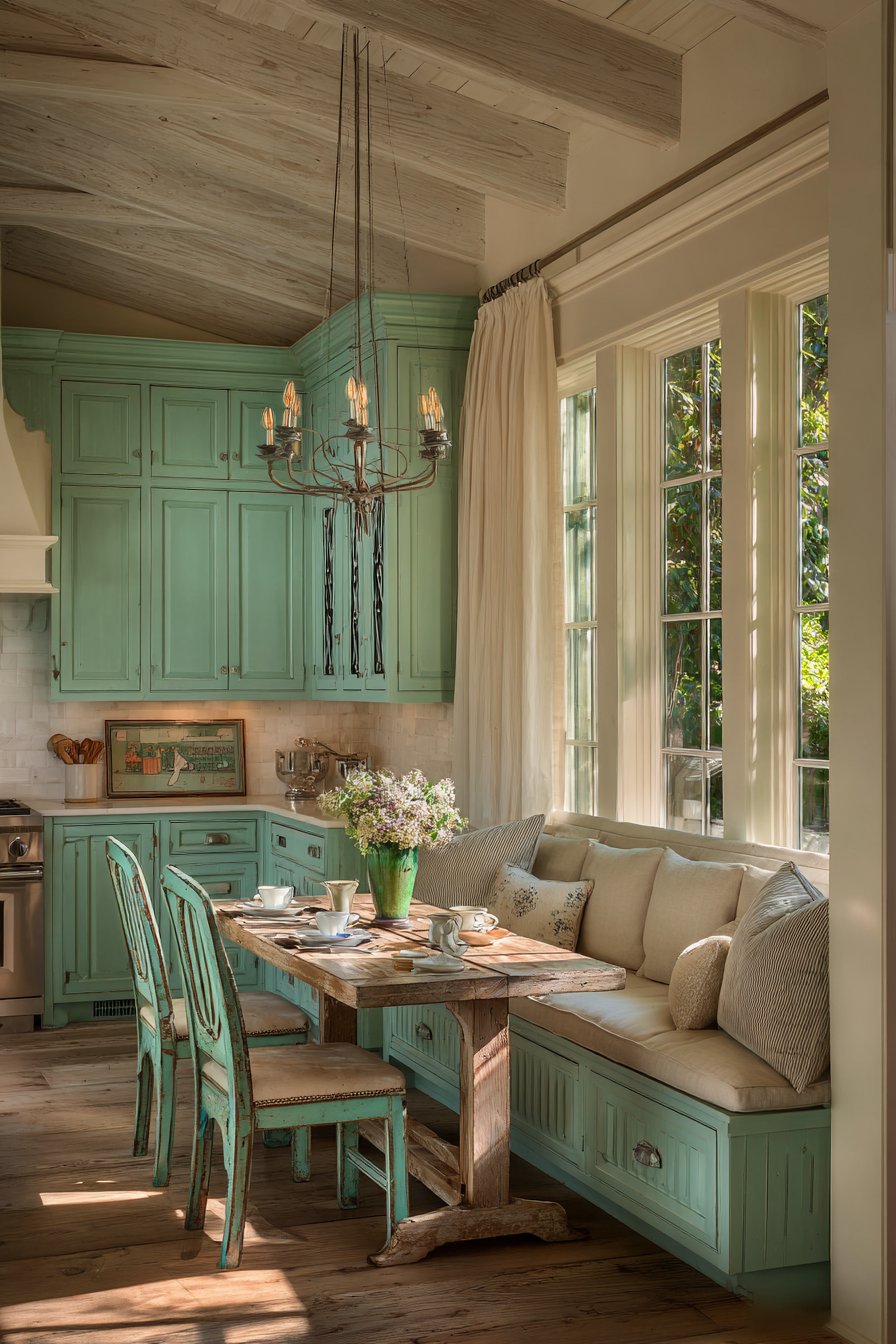  Cozy Mint Green Kitchen Dining Area with Banquette