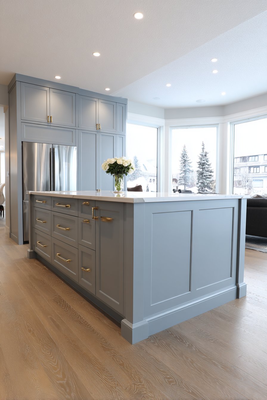 Shaker-Style Island Kitchen in Soft Grey Blue