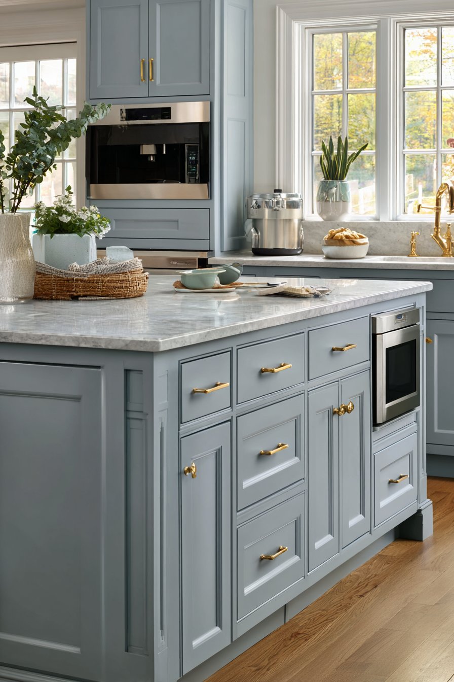 Shaker-Style Island Kitchen in Soft Grey Blue