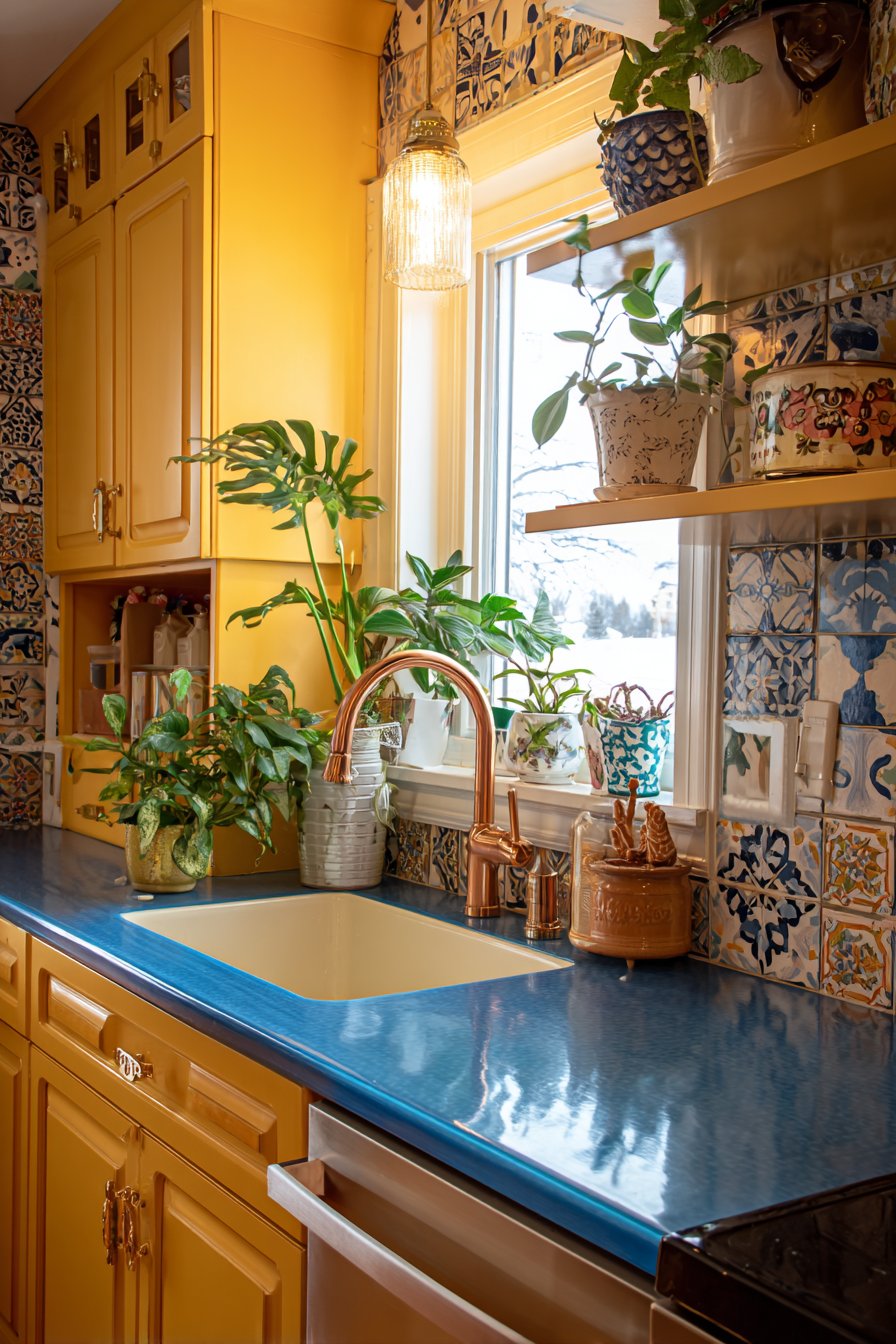 Eclectic Kitchen with Cheerful Canary Yellow Cabinets