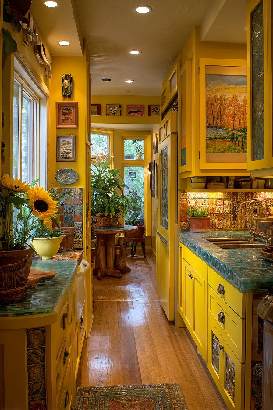 Eclectic Kitchen with Cheerful Canary Yellow Cabinets