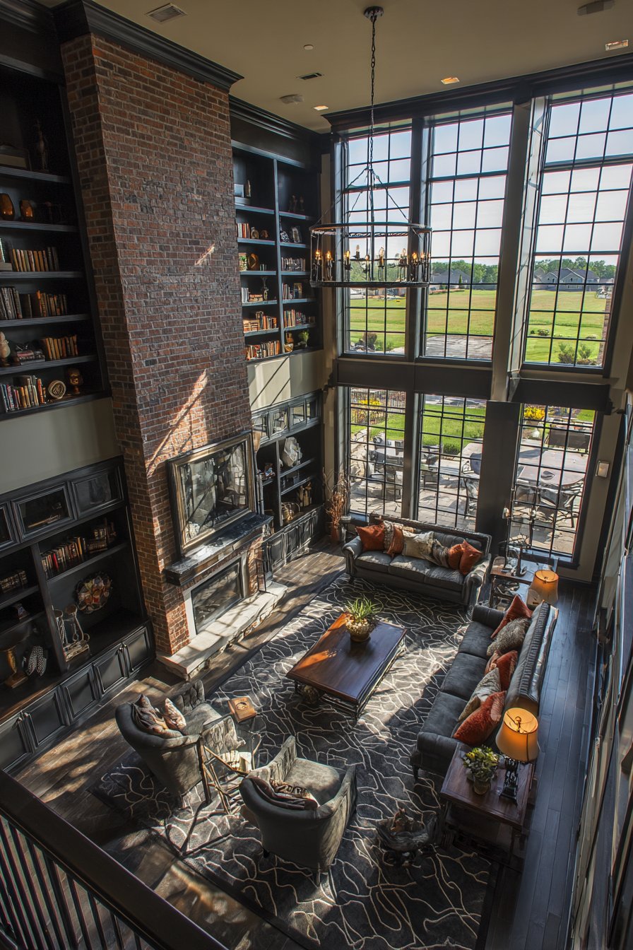 Dramatic Two-Story Living Room with Vertical Design Elements