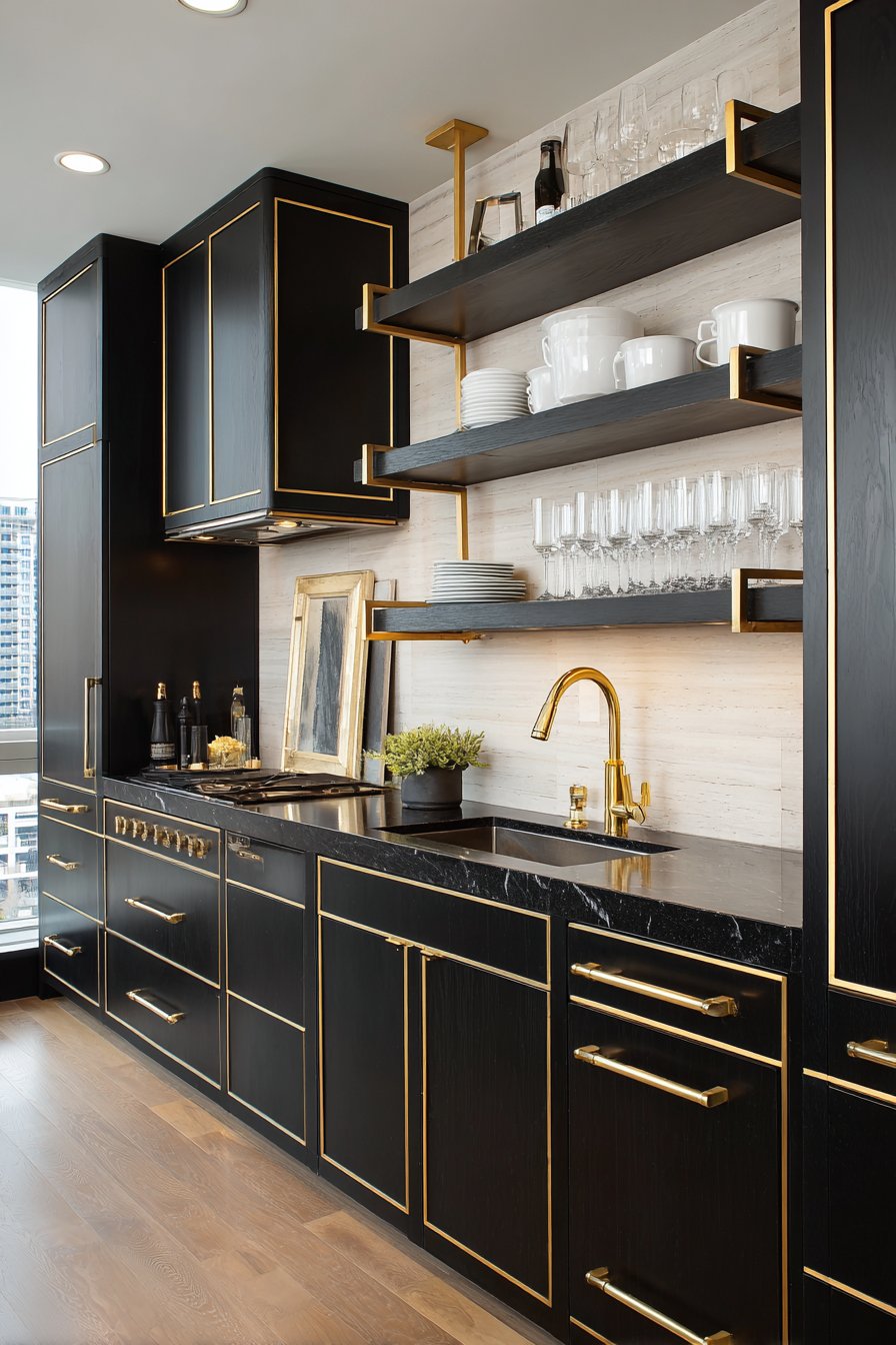 Modern Black Lacquered Cabinets with Open Gold Shelving