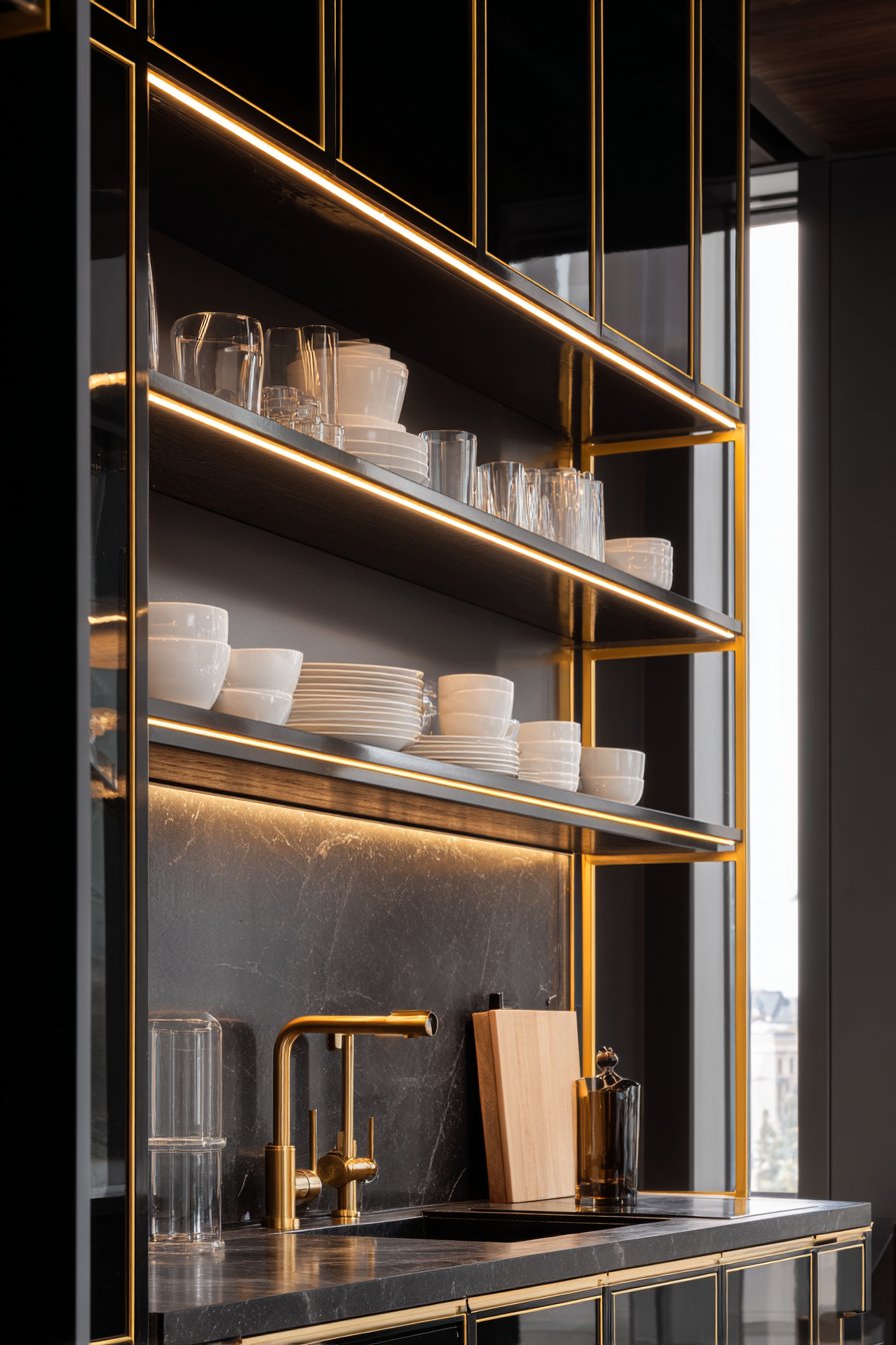 Modern Black Lacquered Cabinets with Open Gold Shelving