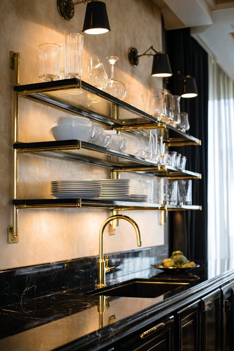 Modern Black Lacquered Cabinets with Open Gold Shelving