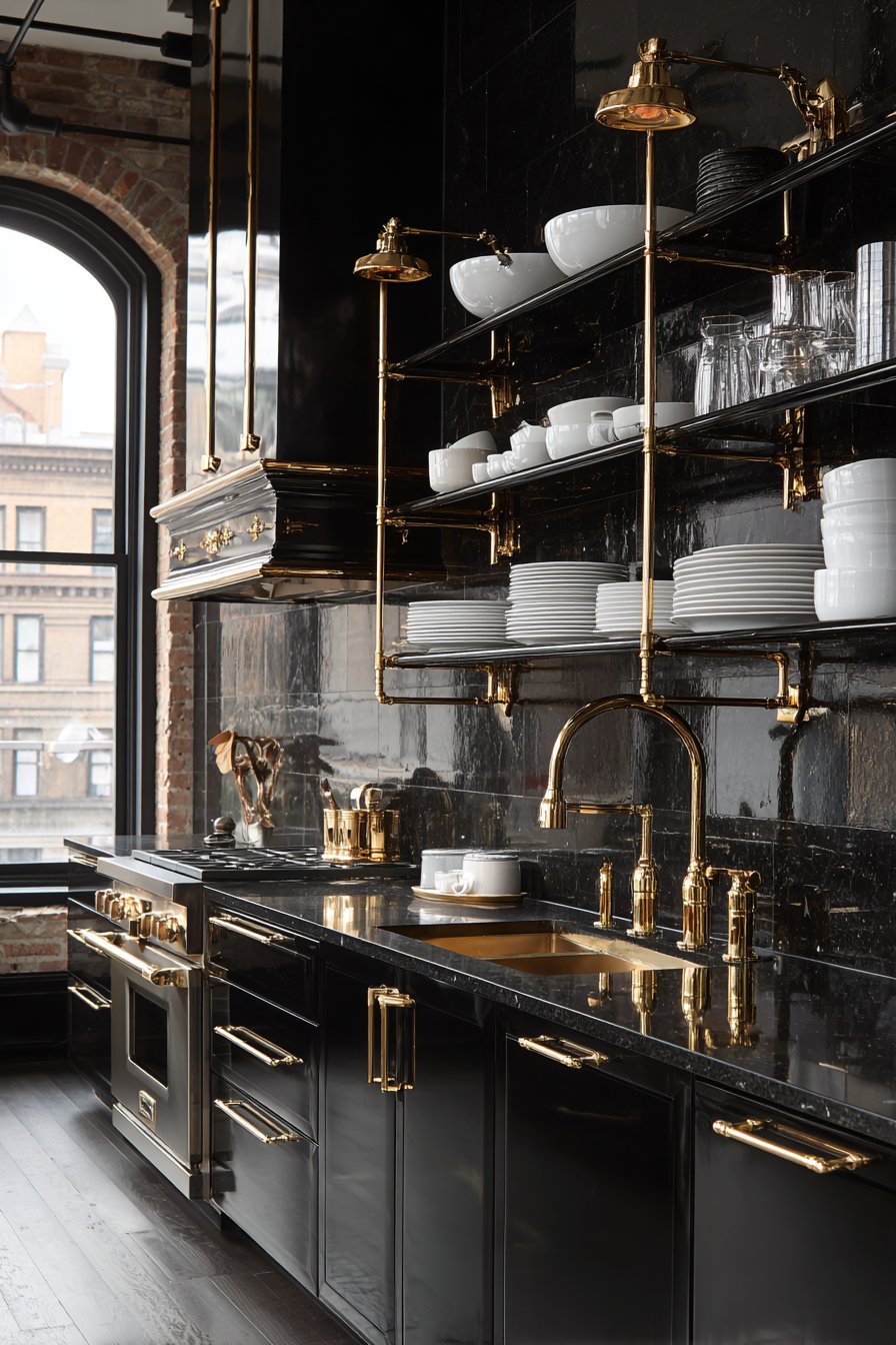 Modern Black Lacquered Cabinets with Open Gold Shelving
