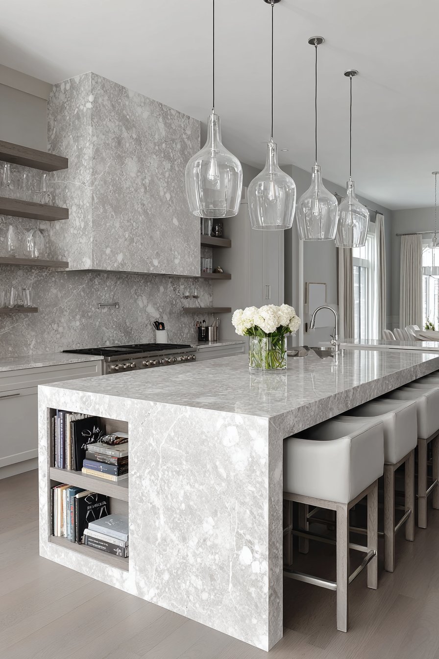 The Statement Island: Grey Waterfall Design as Centerpiece