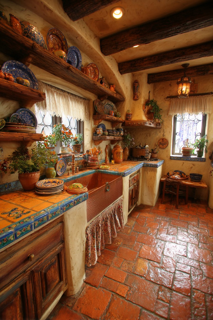 Traditional Open Shelving Display with Terracotta Flooring