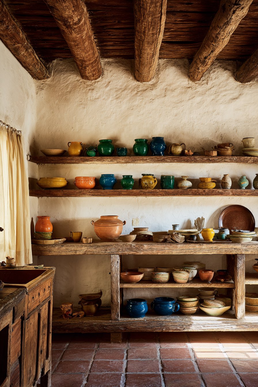 Traditional Open Shelving Display with Terracotta Flooring