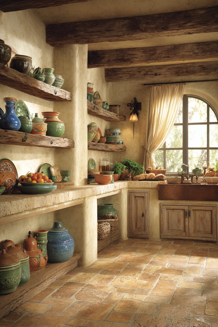 Traditional Open Shelving Display with Terracotta Flooring