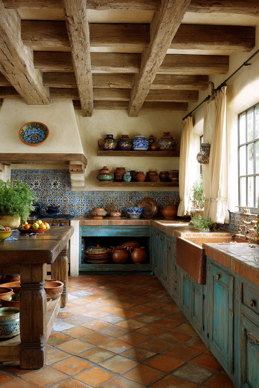 Traditional Open Shelving Display with Terracotta Flooring