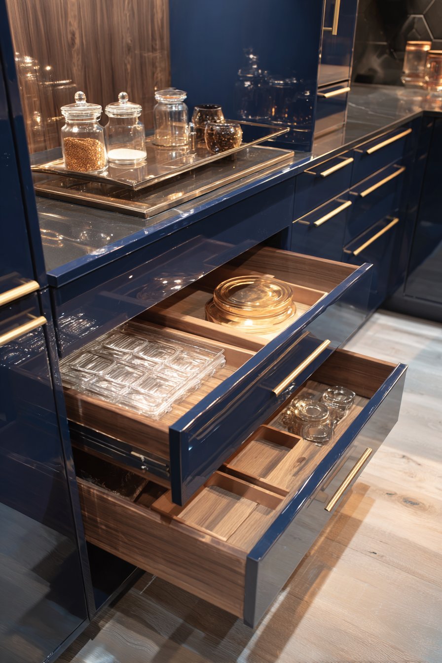 Navy Blue Pantry System with Brass Accents