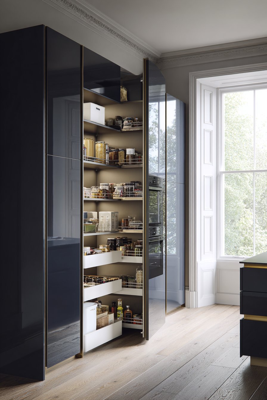 Navy Blue Pantry System with Brass Accents