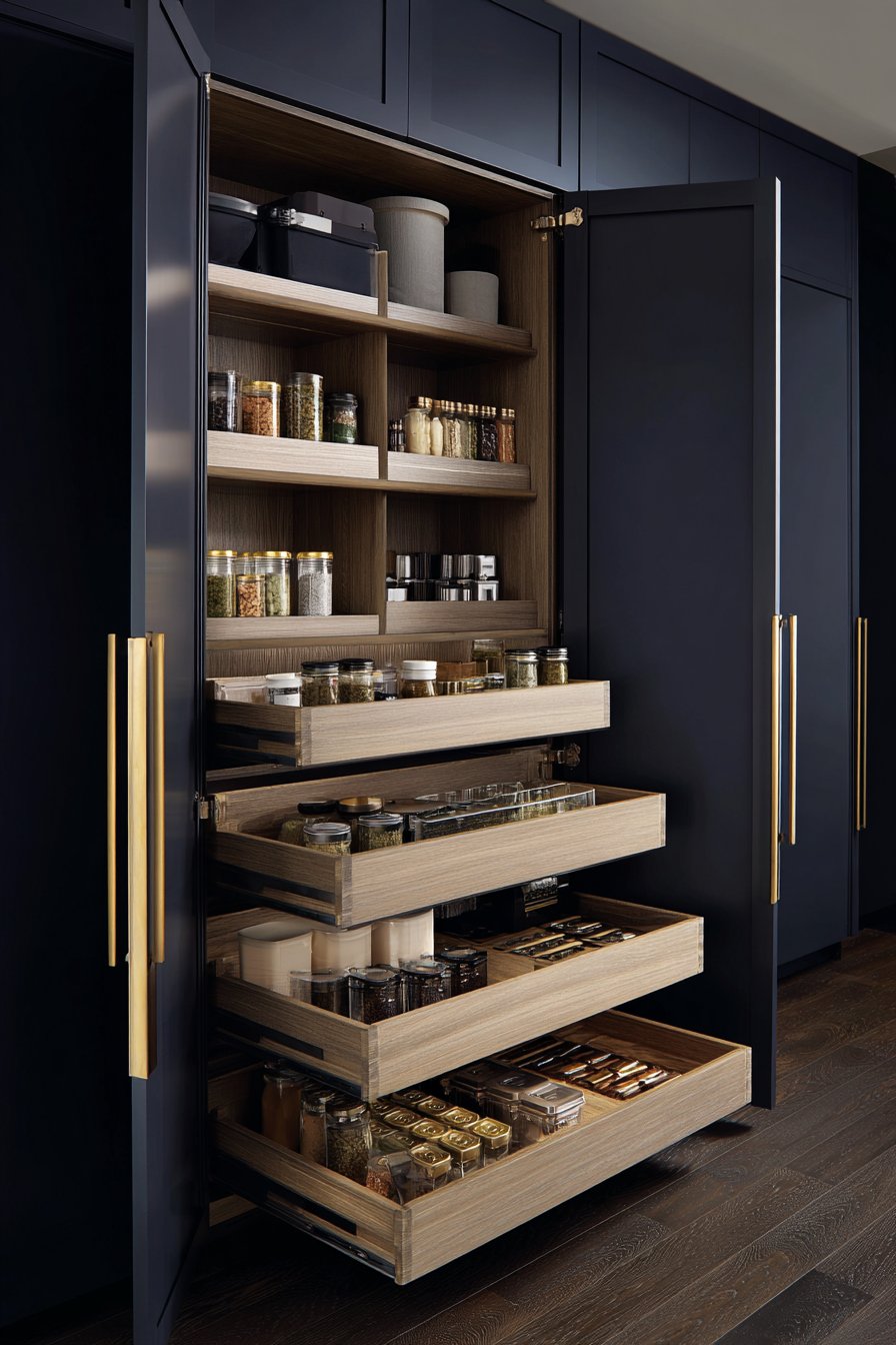 Navy Blue Pantry System with Brass Accents