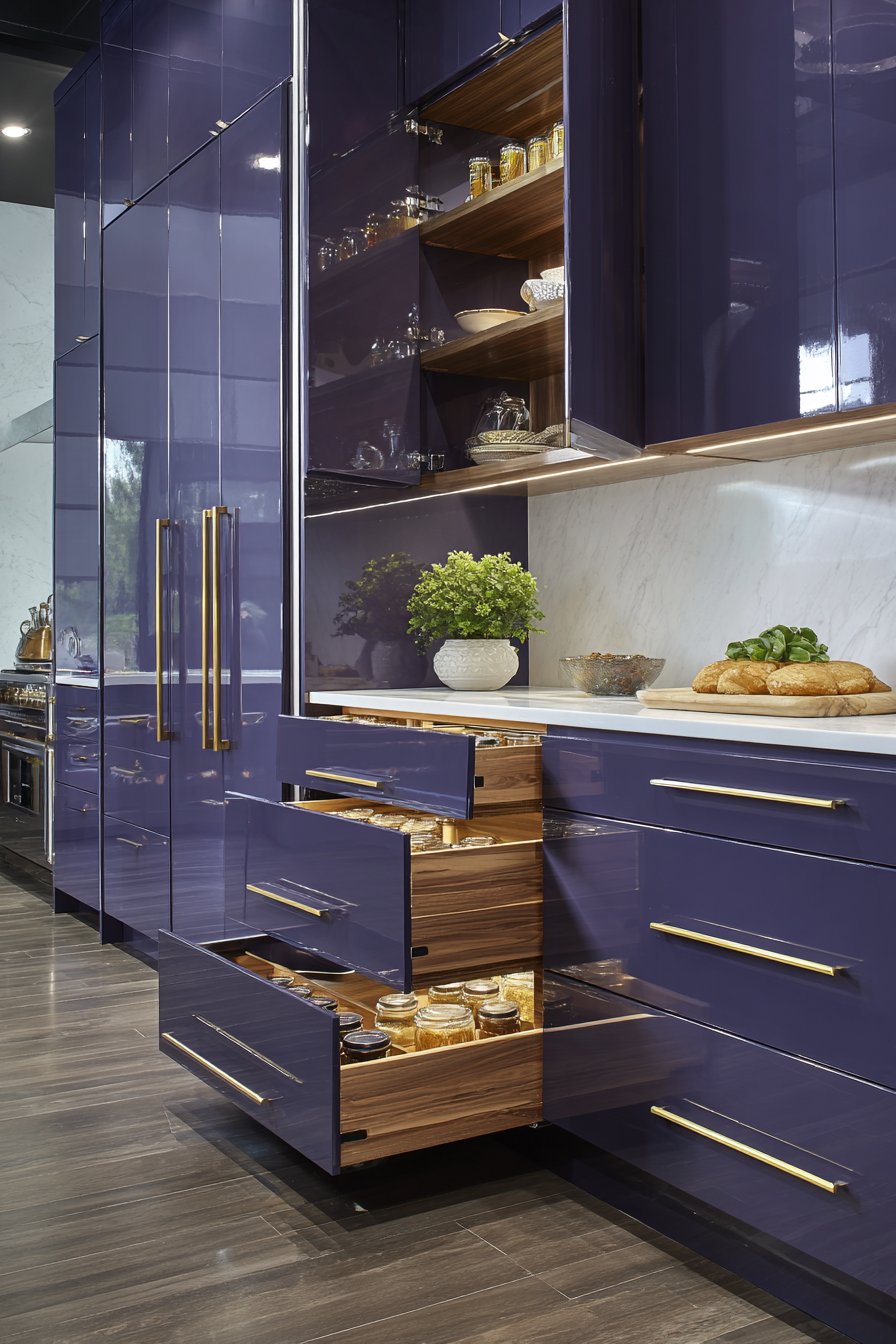 Navy Blue Pantry System with Brass Accents