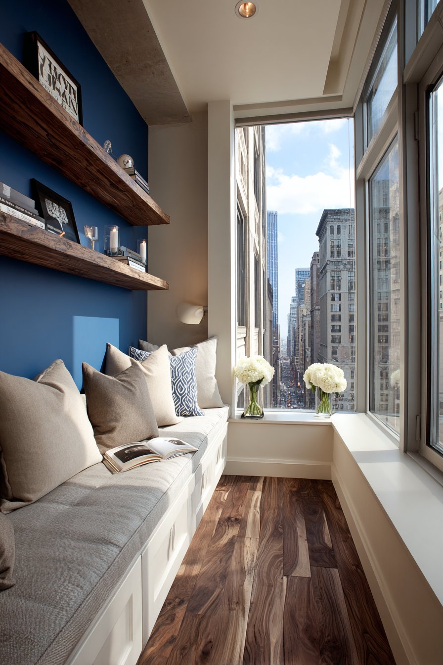 Built-In Window Bench with Wall-Mounted Entertainment