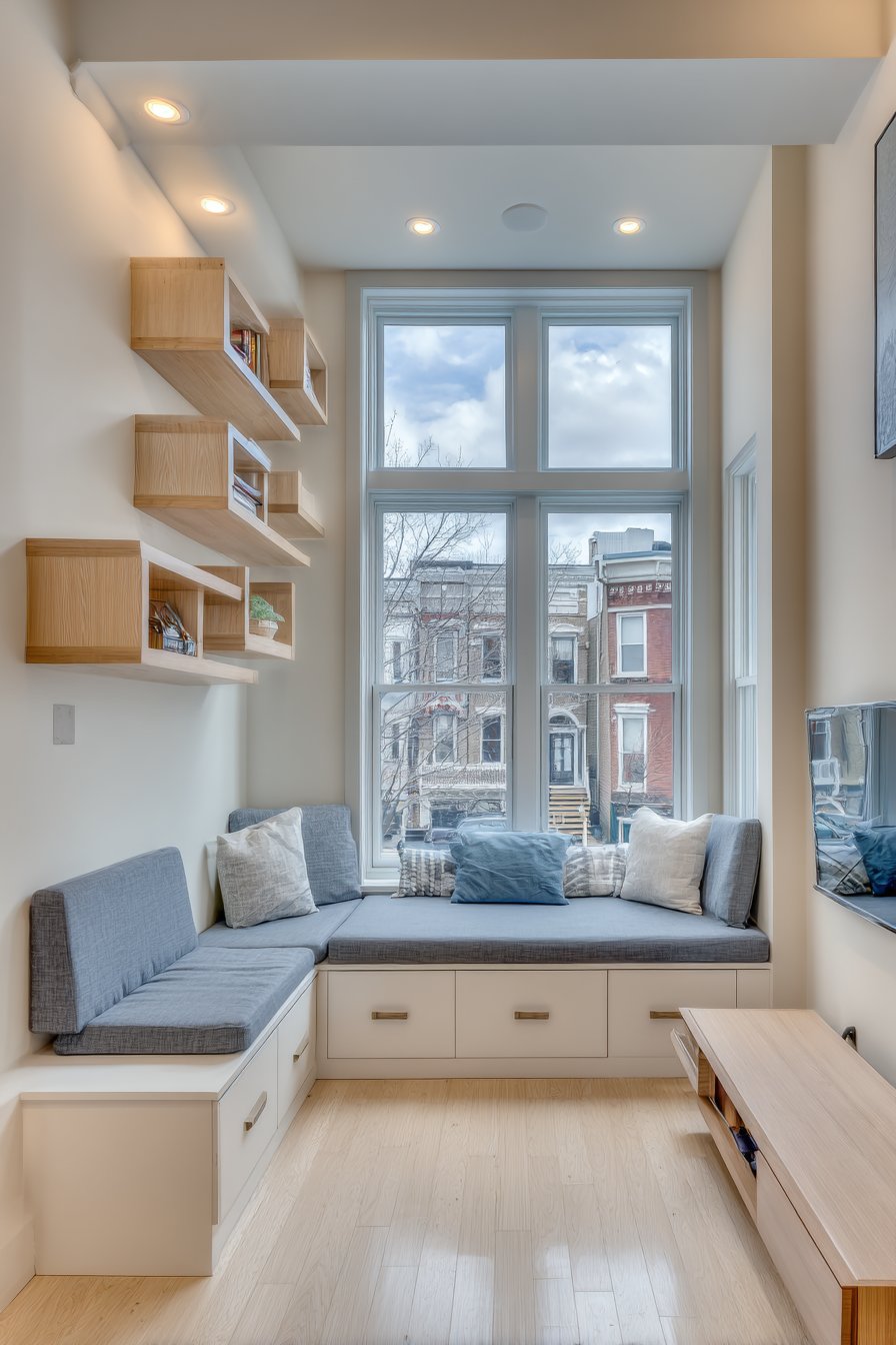 Built-In Window Bench with Wall-Mounted Entertainment