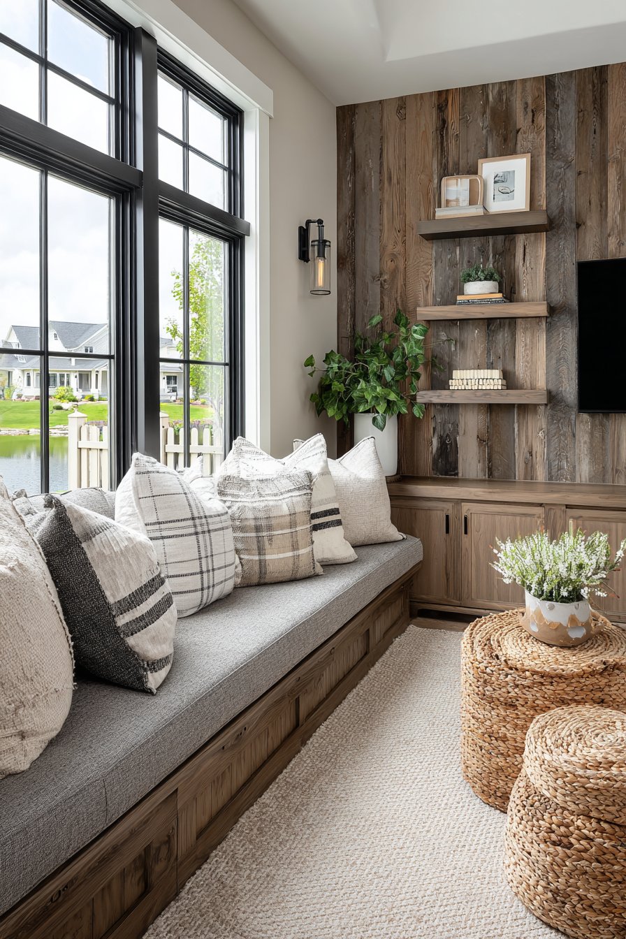 Built-In Window Bench with Wall-Mounted Entertainment