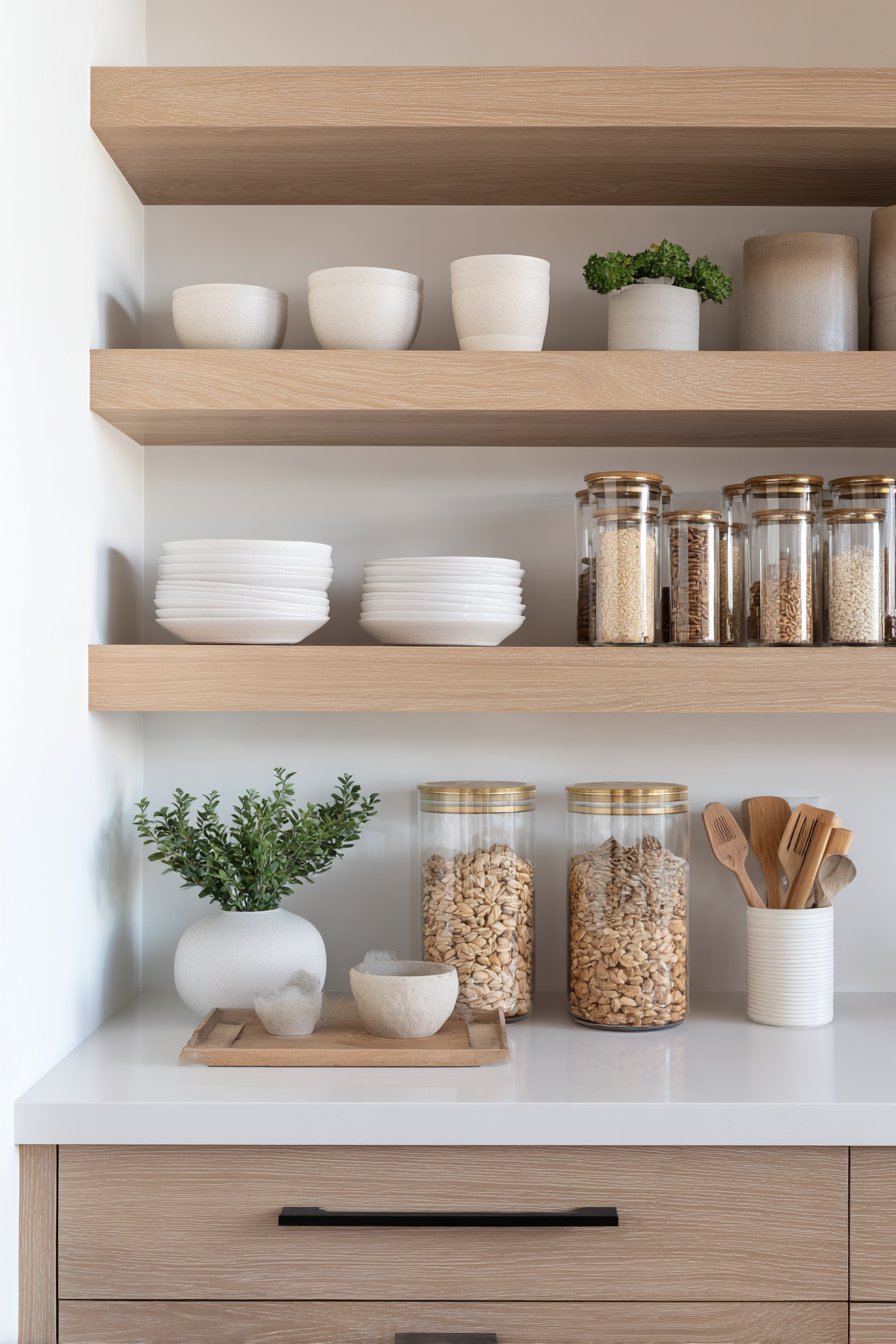 Scandinavian Minimalism with Light Oak Floating Shelves