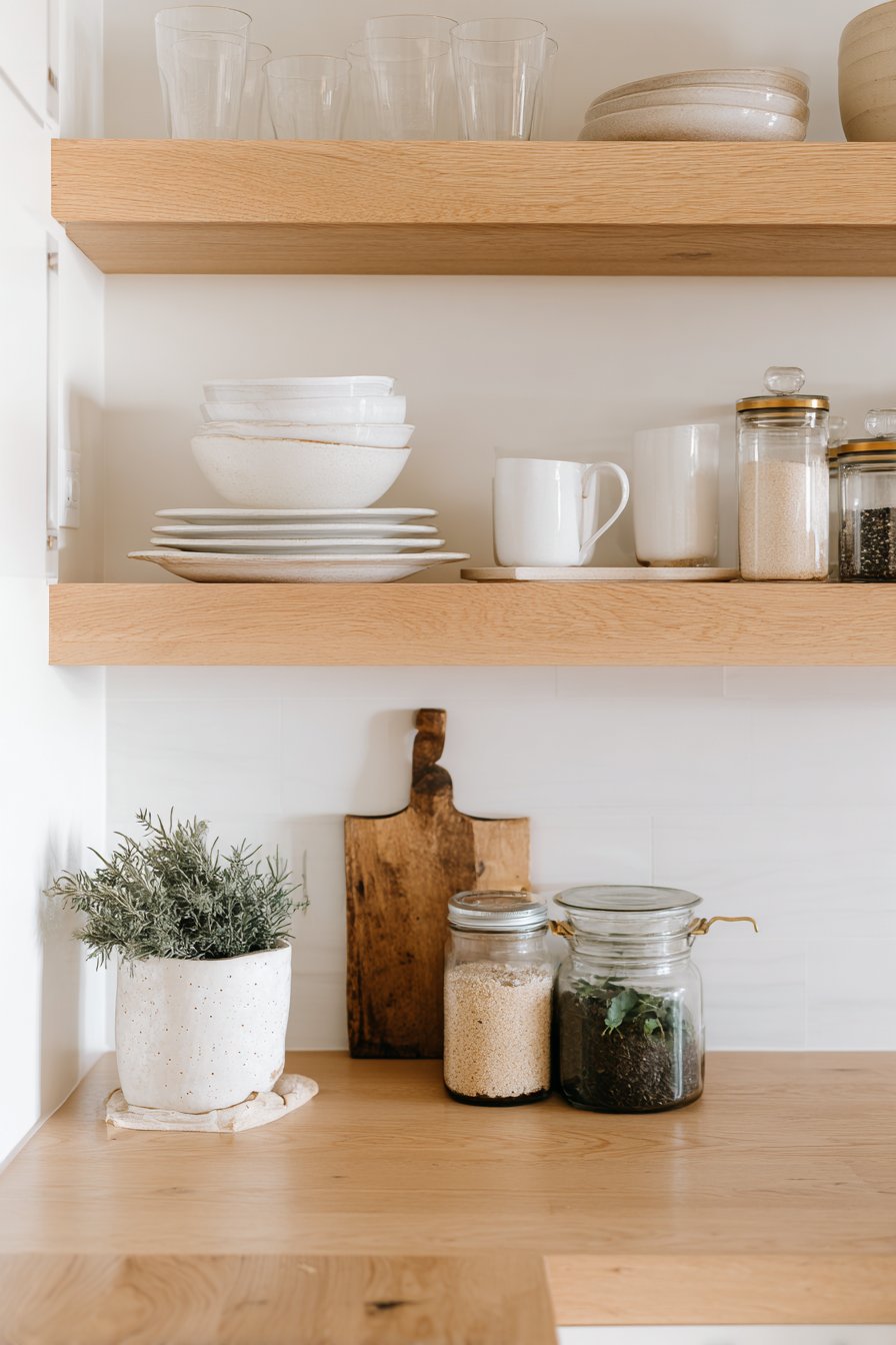 Scandinavian Minimalism with Light Oak Floating Shelves