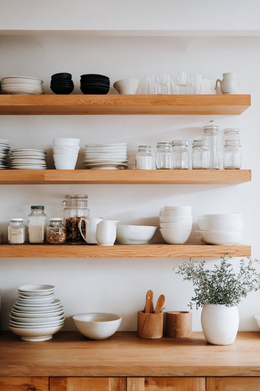 Scandinavian Minimalism with Light Oak Floating Shelves