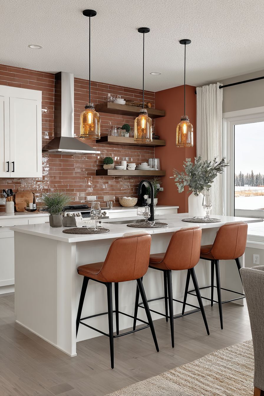 Terracotta Accent Wall with Floating Shelves