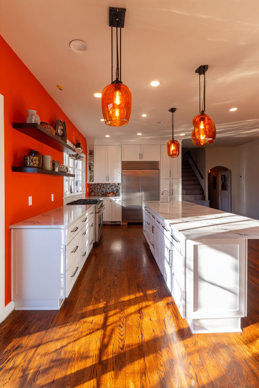 Terracotta Accent Wall with Floating Shelves