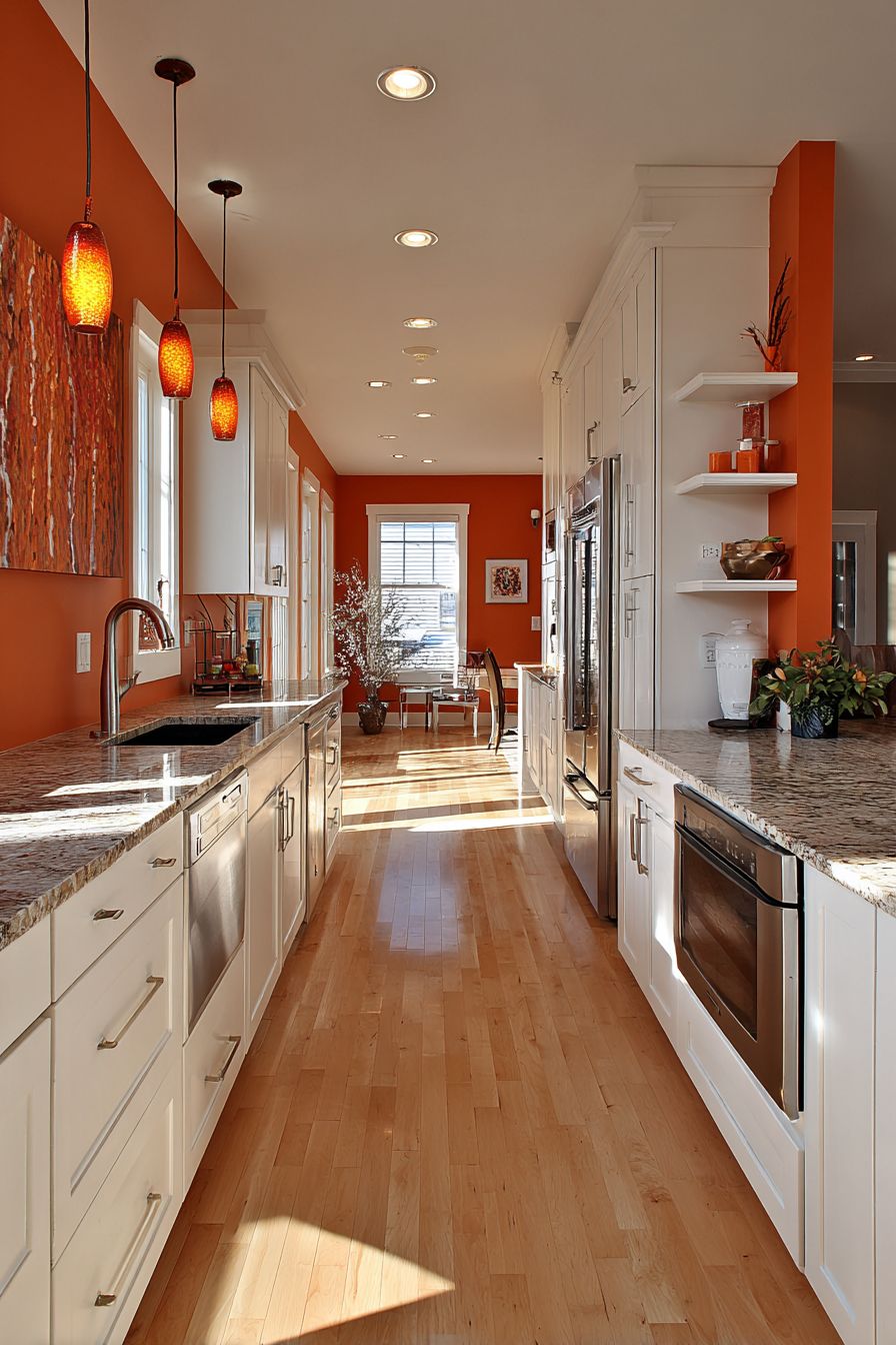 Terracotta Accent Wall with Floating Shelves