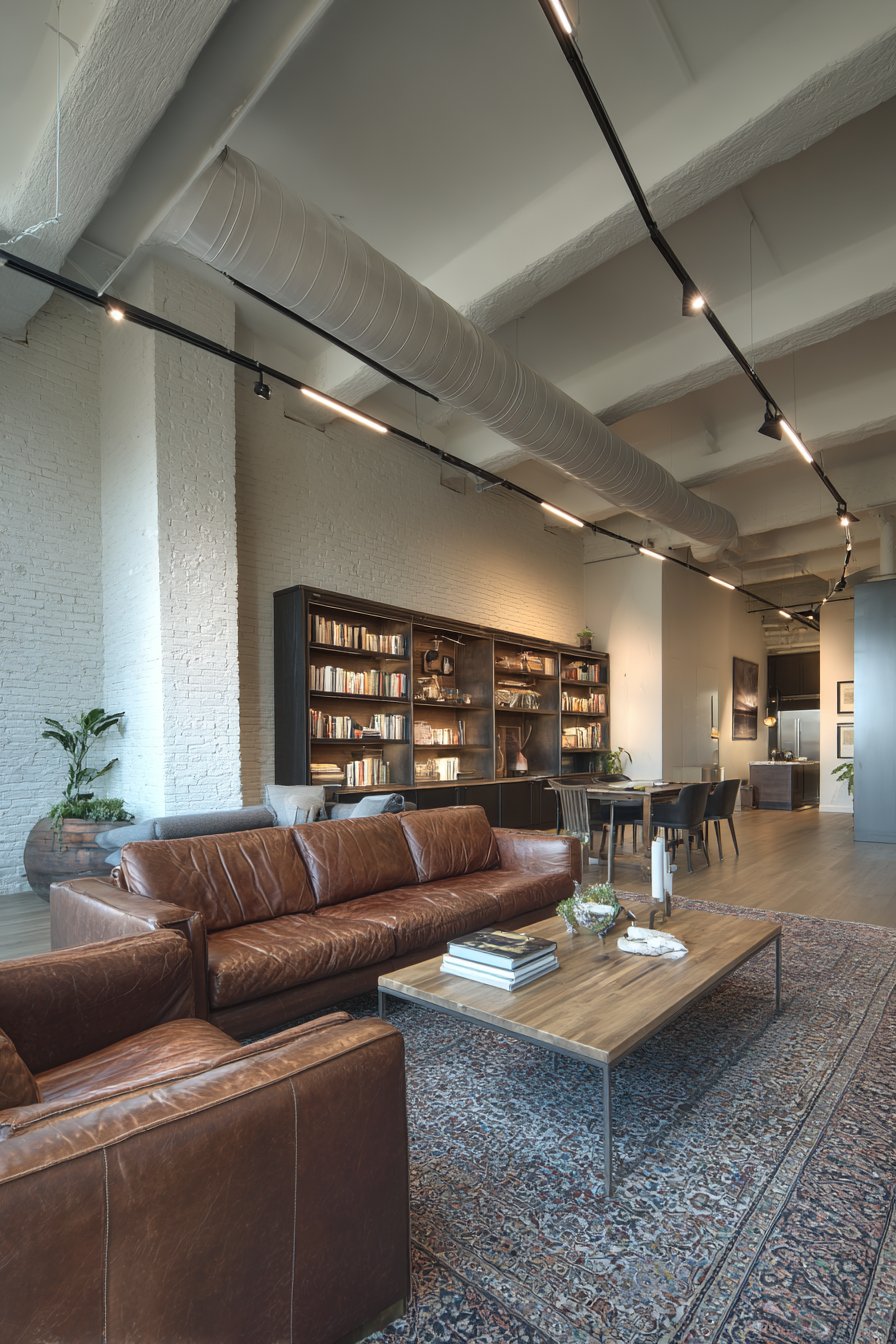 Industrial Loft Living Room with Exposed Beam Track Lighting