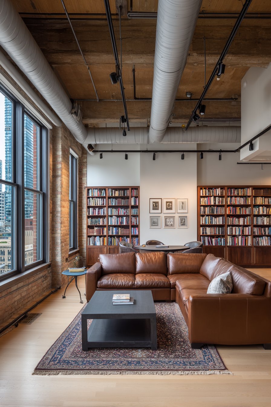 Industrial Loft Living Room with Exposed Beam Track Lighting