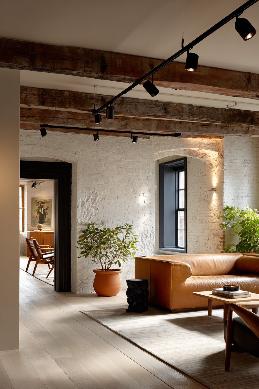 Industrial Loft Living Room with Exposed Beam Track Lighting