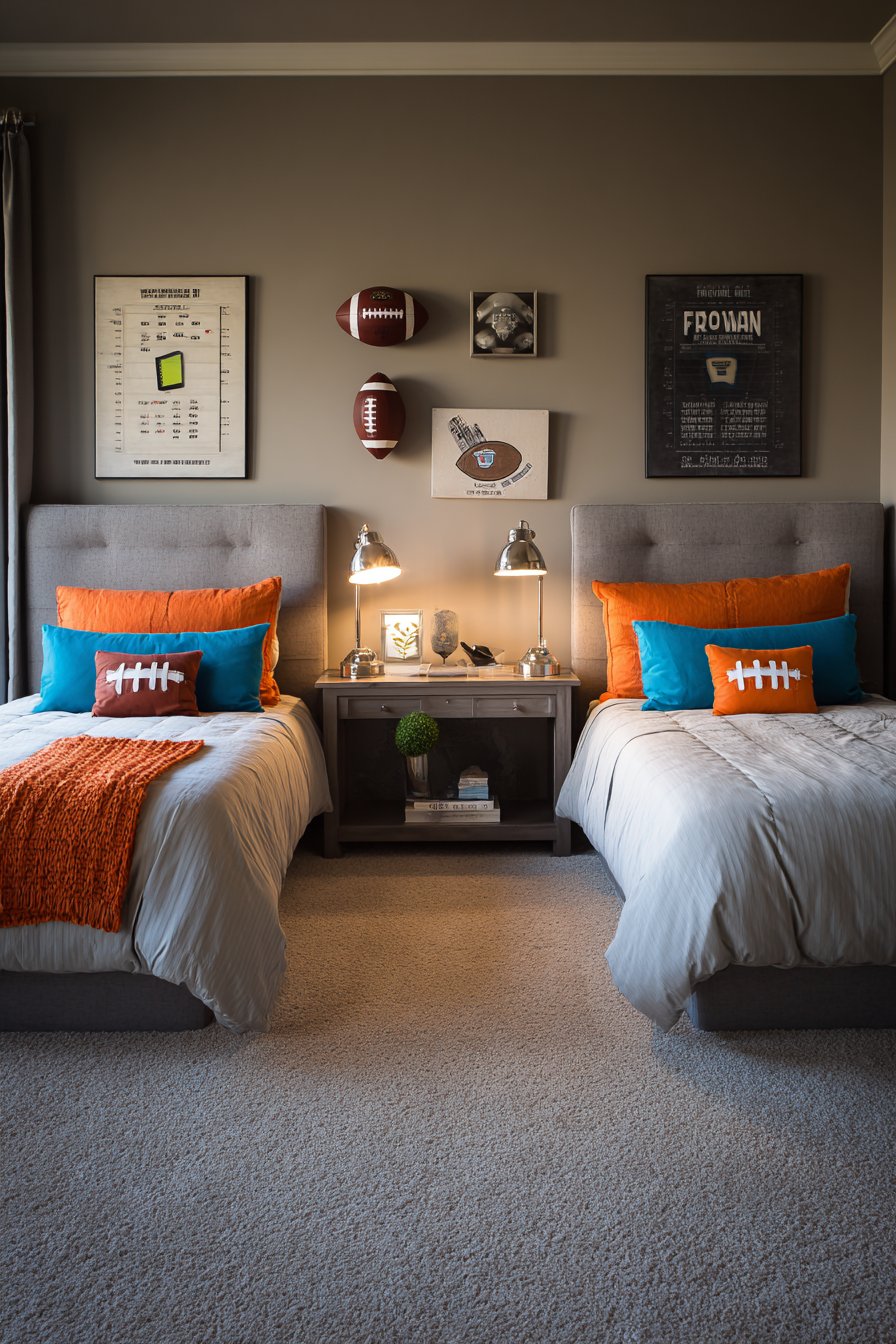 Twin Platform Beds with Sports Theme Accents