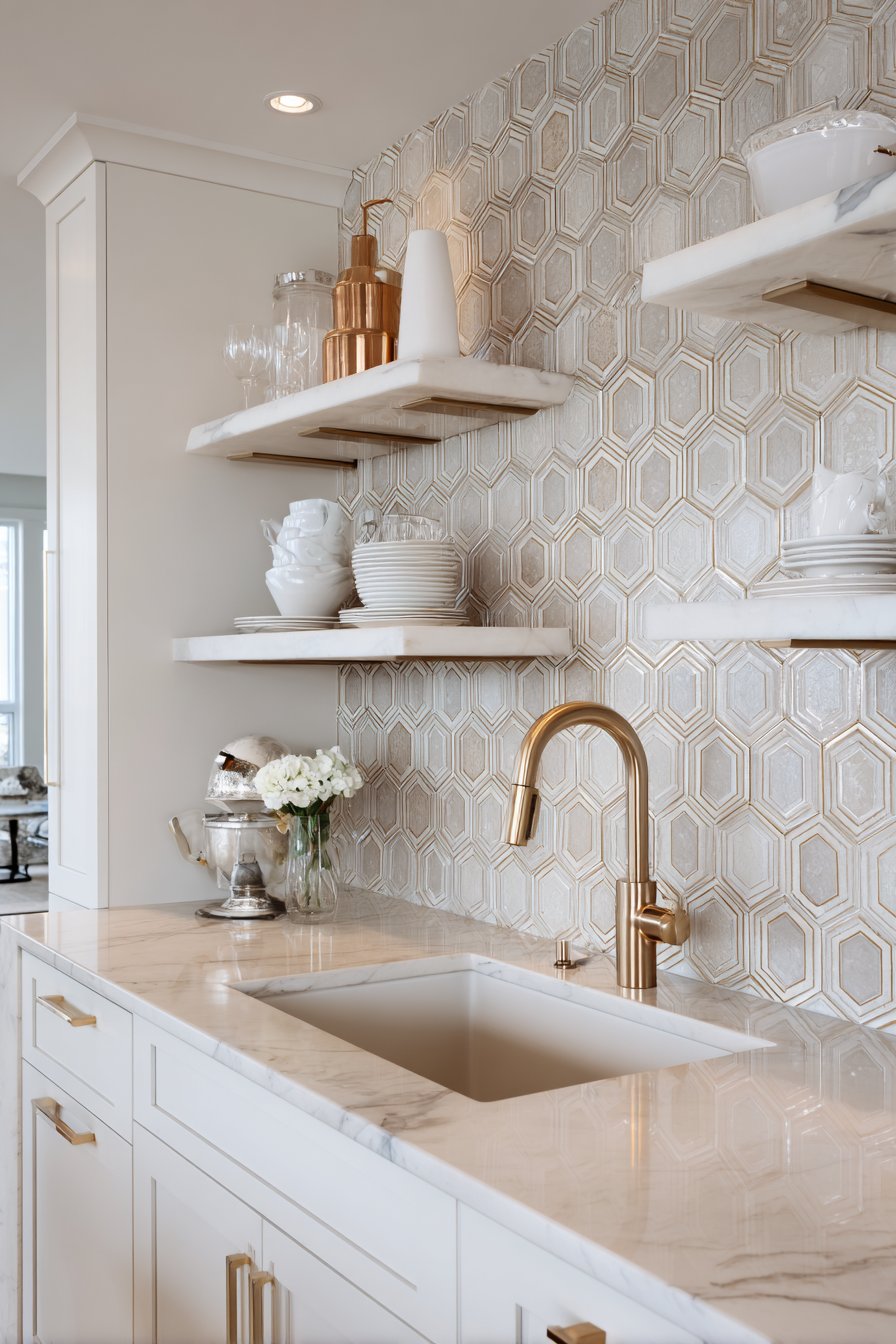 Sophisticated Backsplash with Metallic Grout Detailing
