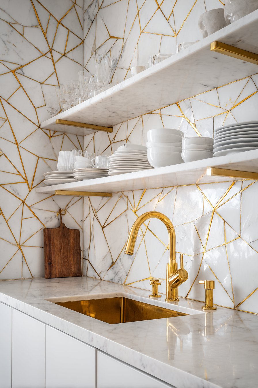 Sophisticated Backsplash with Metallic Grout Detailing