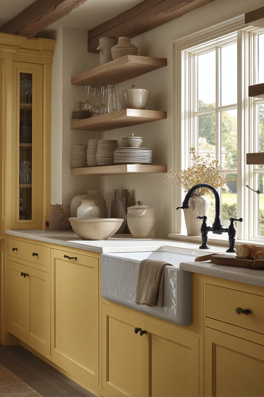 Farmhouse-Style Kitchen with Buttercream Yellow Cabinets