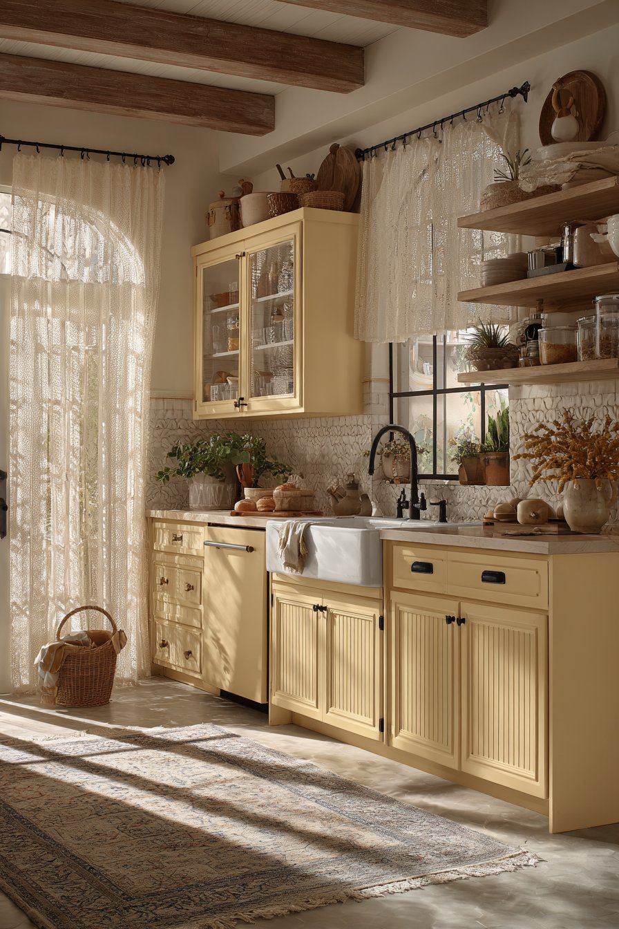 Farmhouse-Style Kitchen with Buttercream Yellow Cabinets