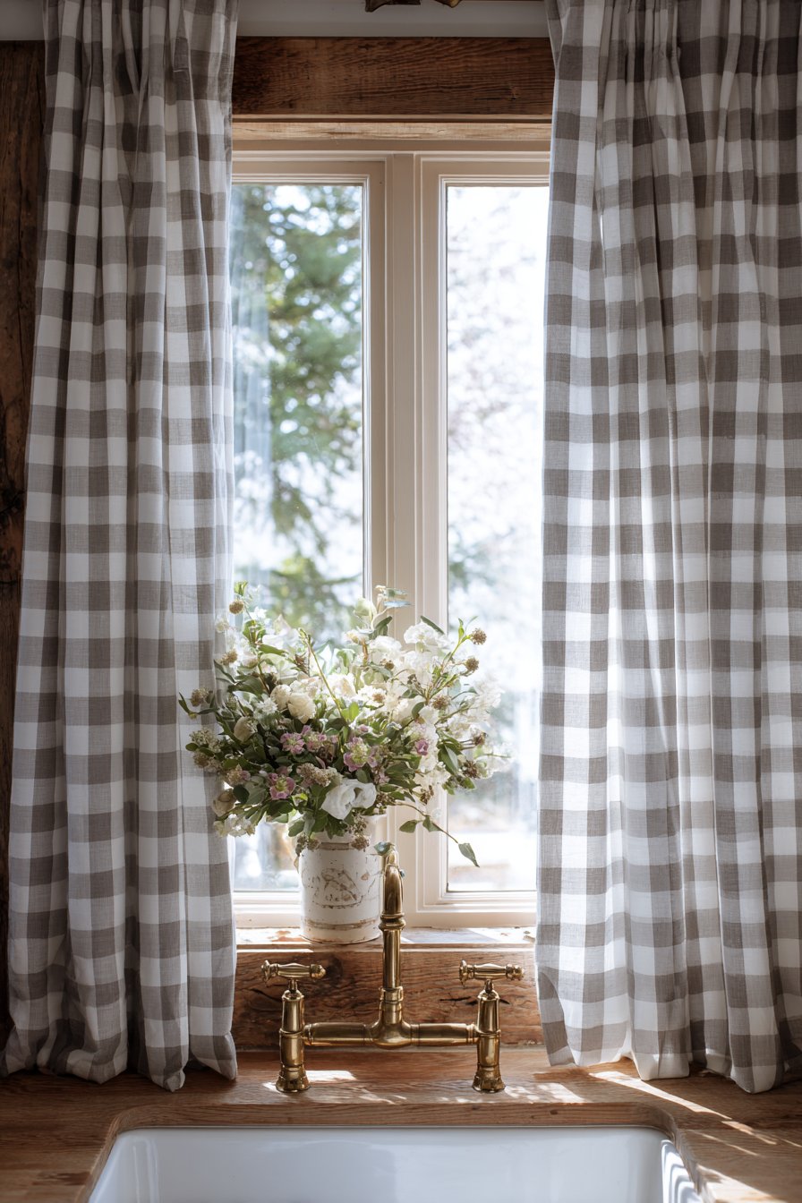 Farmhouse Charm with Gingham Cafe Curtains