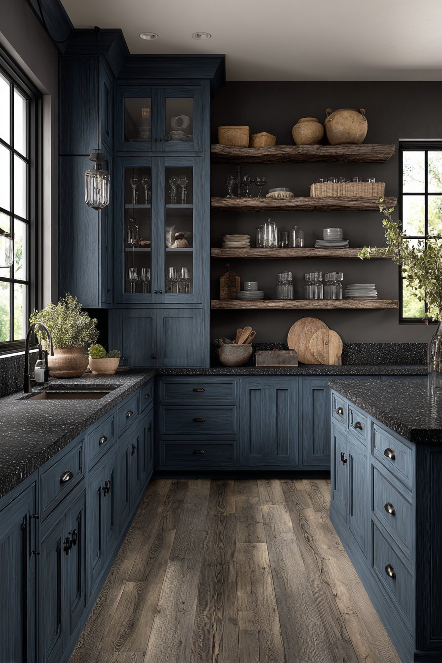 Navy Blue Elegance with Reclaimed Wood Details