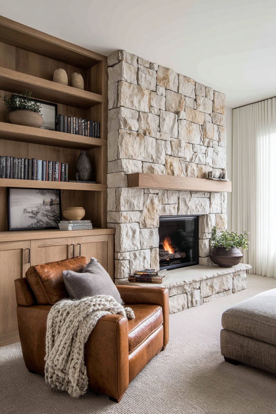 Fireplace Focal Point with Stone and Wood Elements