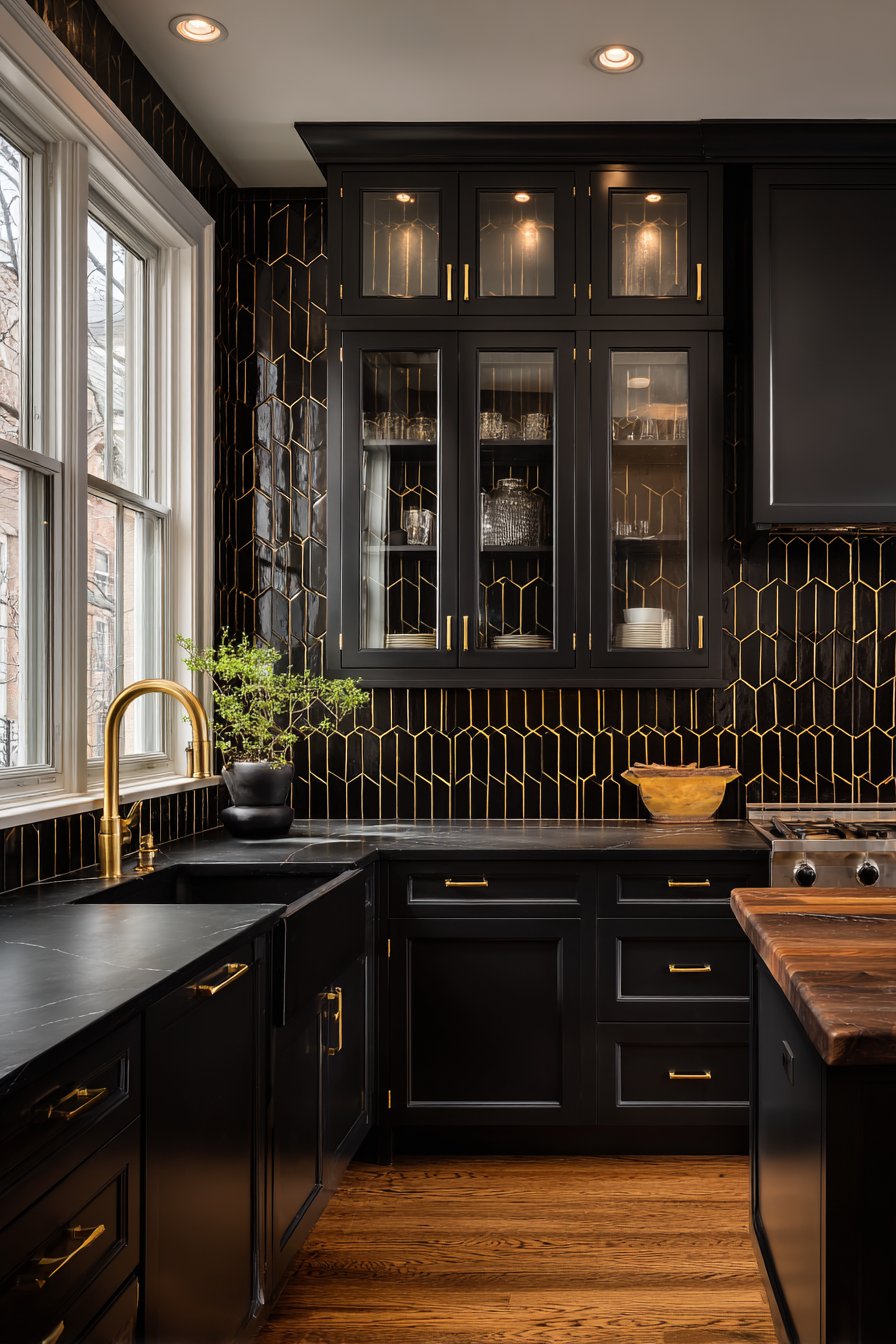 Dramatic Black Subway Tile Backsplash with Gold Grout